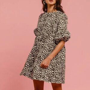 BiBi Leopard‎ Denim Dress With Back Contrast Tie Detail